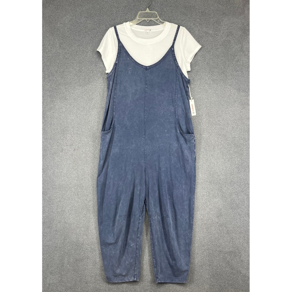 Sundry Jumpsuit baggy Women Large Blue White Mineral Wash Minimal Tee boho